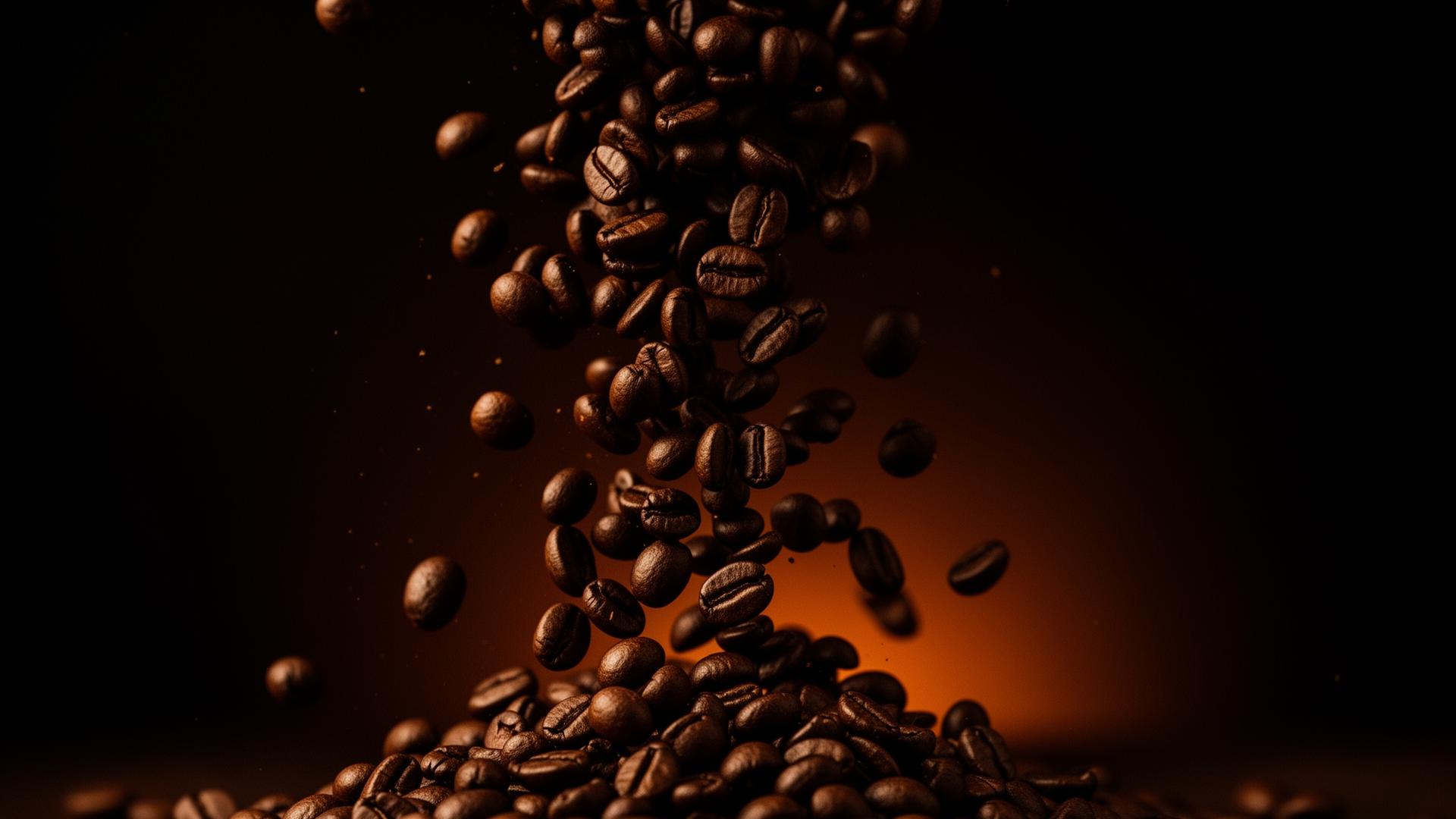 Grãos de café especial Ordo caindo sobre fundo escuro com brilho âmbar